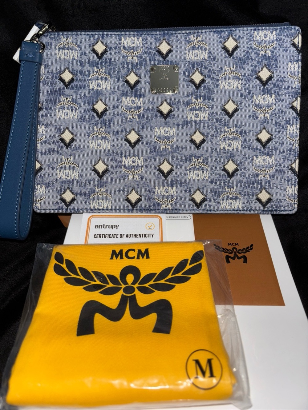 Brand new MCM Aren Flat Pouch Denim removable wrist strap  or Crossbody Bag